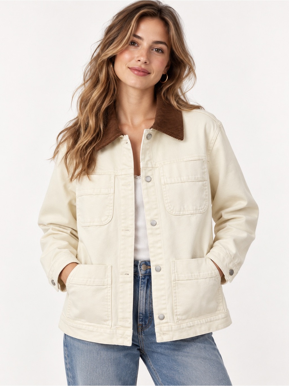 Altar'd State Cream Jacket with Brown Corduroy Collar